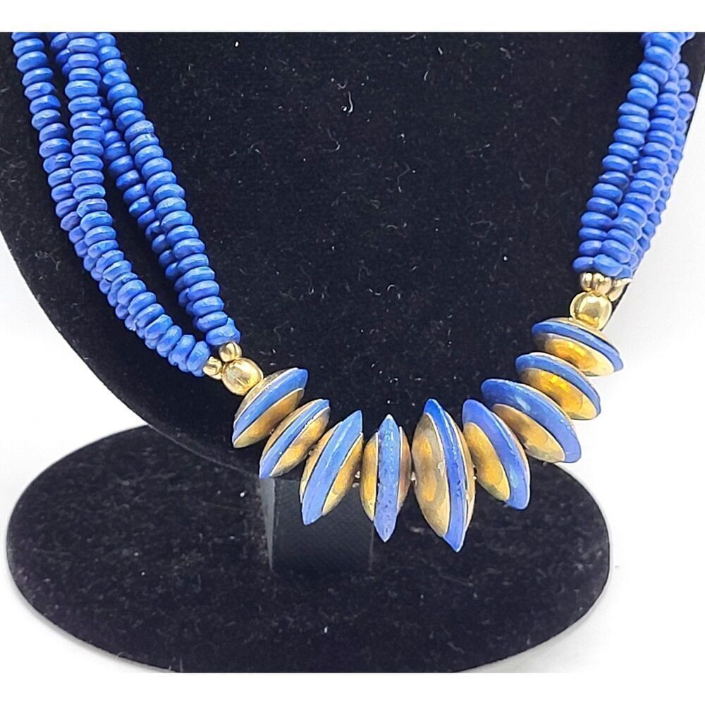 Brass and Wood Beaded Necklace Chunky Multistrand Ethnic 21in